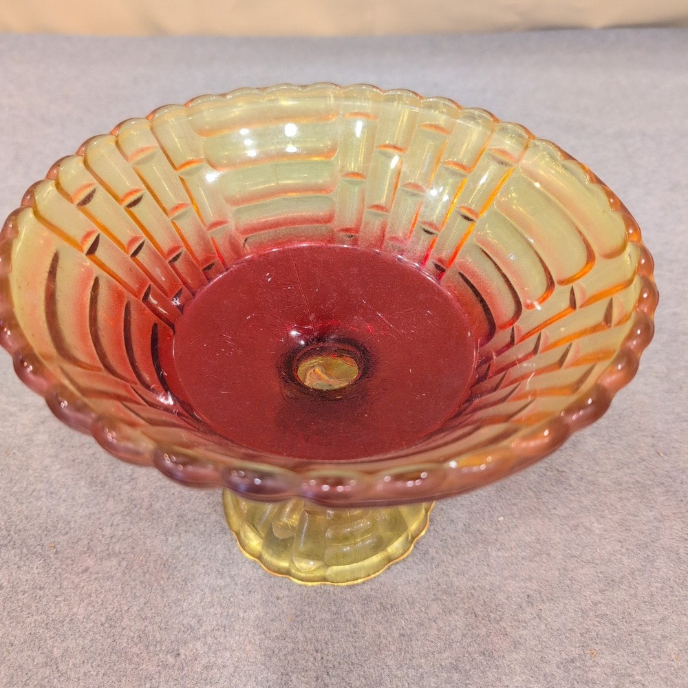Vintage Amberina Glass Basketweave Compote Footed Candy Dish Red Yellow Scallop - Picture 2 of 7